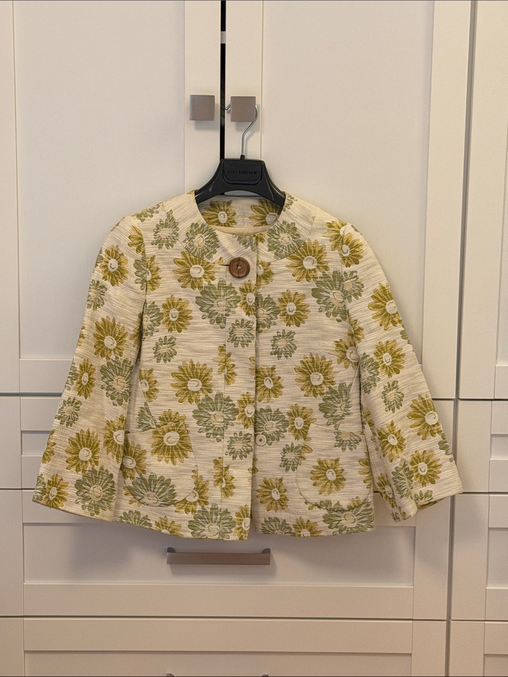 Banana Republic Cream Floral Quilted Blazer with Green Accents